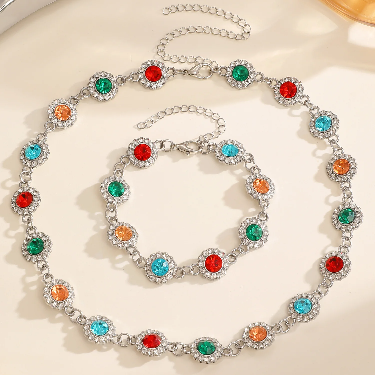 Dopamine Colored Heart-shaped Bead Charms Bracelet Fashion Vintage Rainbow Round Bead Beach Chain INS Girls' Daily Accessories