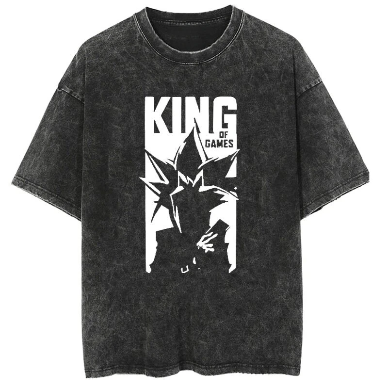 Rare Summer Japanese Anime Washed-out and Distressed Vintage Short-sleeved T-shirt Cotton Yu-Gi-Oh! Duel Monsters GameKing
