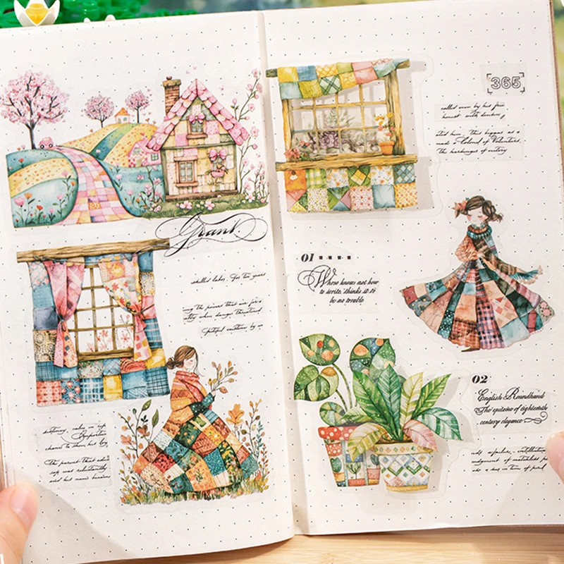 A Beautiful Day Patchwork World PET Scene Sticker Set 6 Designs Watercolor Cottage Retro Figure Stickers for Journaling