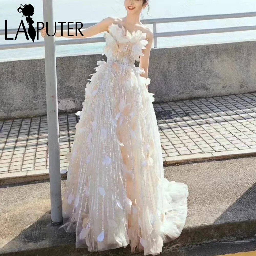 Feather Sequin Evening Dresses 2024 Fairy Girl A line Tulle Prom Dress Off Shoulder Strapless Beaded Sequin Women Celebrity Gown