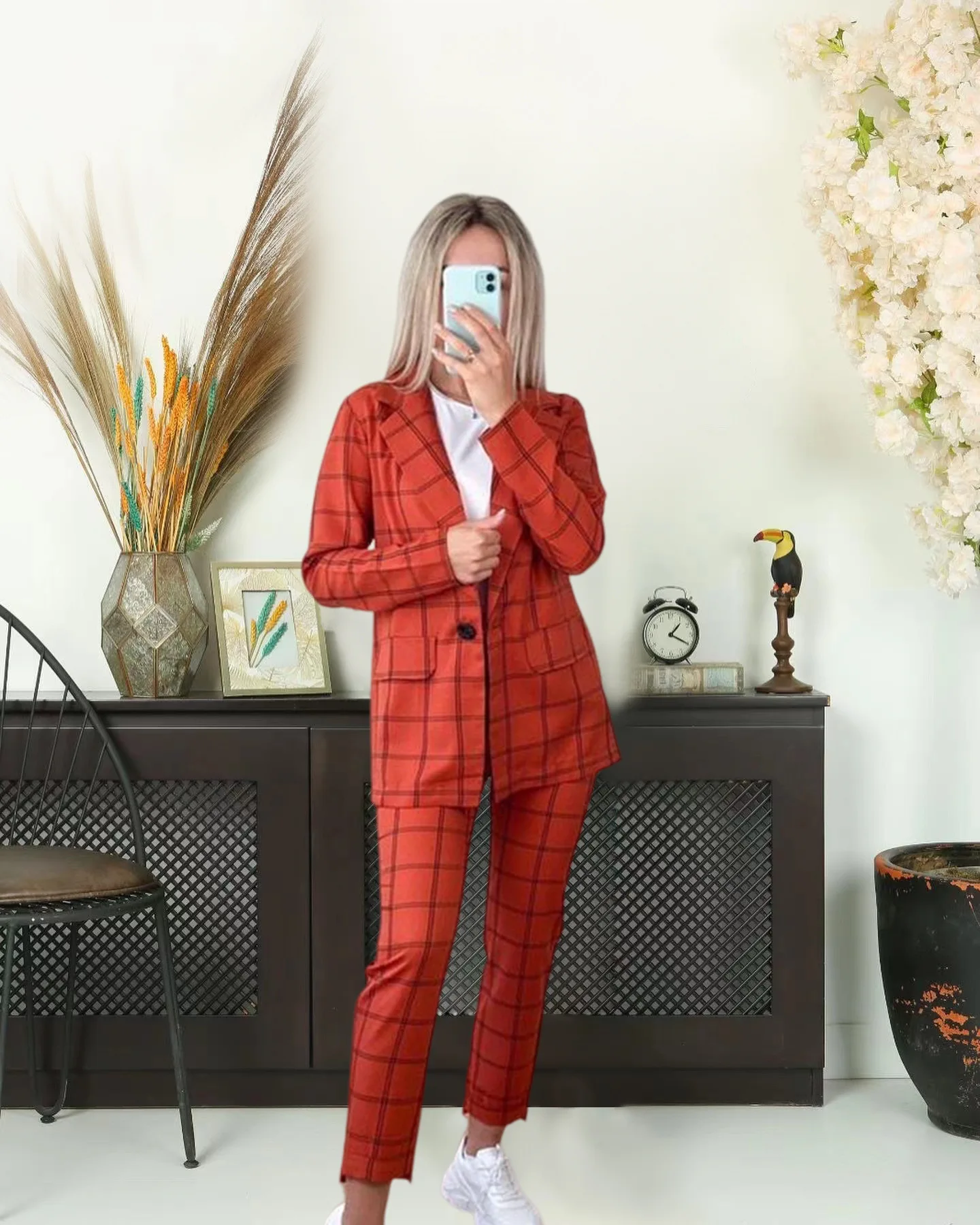 Plaid Coat and Pants Set for Women, Elegant Suit, Europe and America, Autumn and Winter, New Product