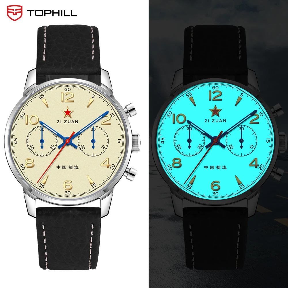 TOPHILL 40mm 1963 Men's Watch Mechanical Chronograph Seagull ST1901 Movement Wristwatch Sapphire Vintage Watches Leather Strap