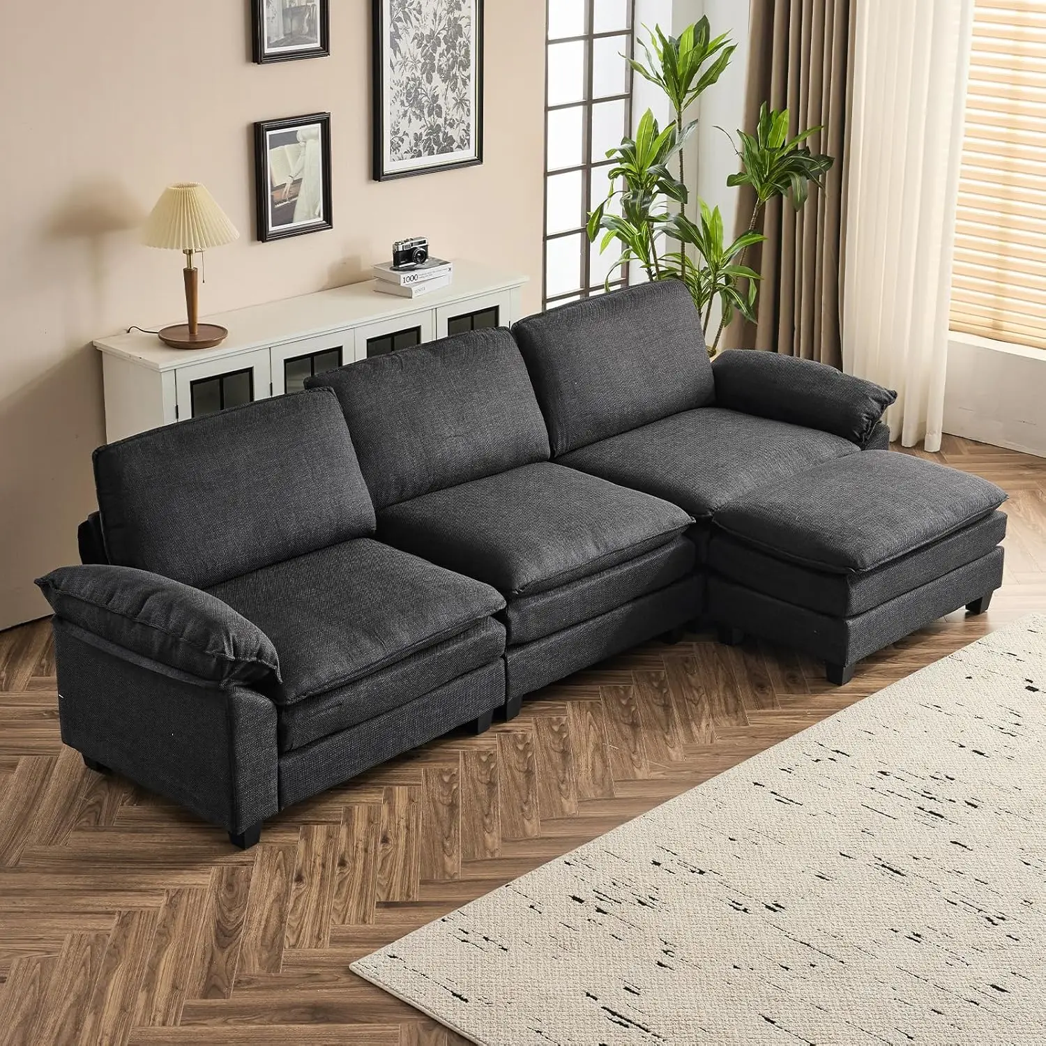 

121" Cloud Linen Black Sectional Sofa, Comfy L-Shaped Extra Deep Seat Sofa Couch for Living Room,Modern 3-Seat Convertibl