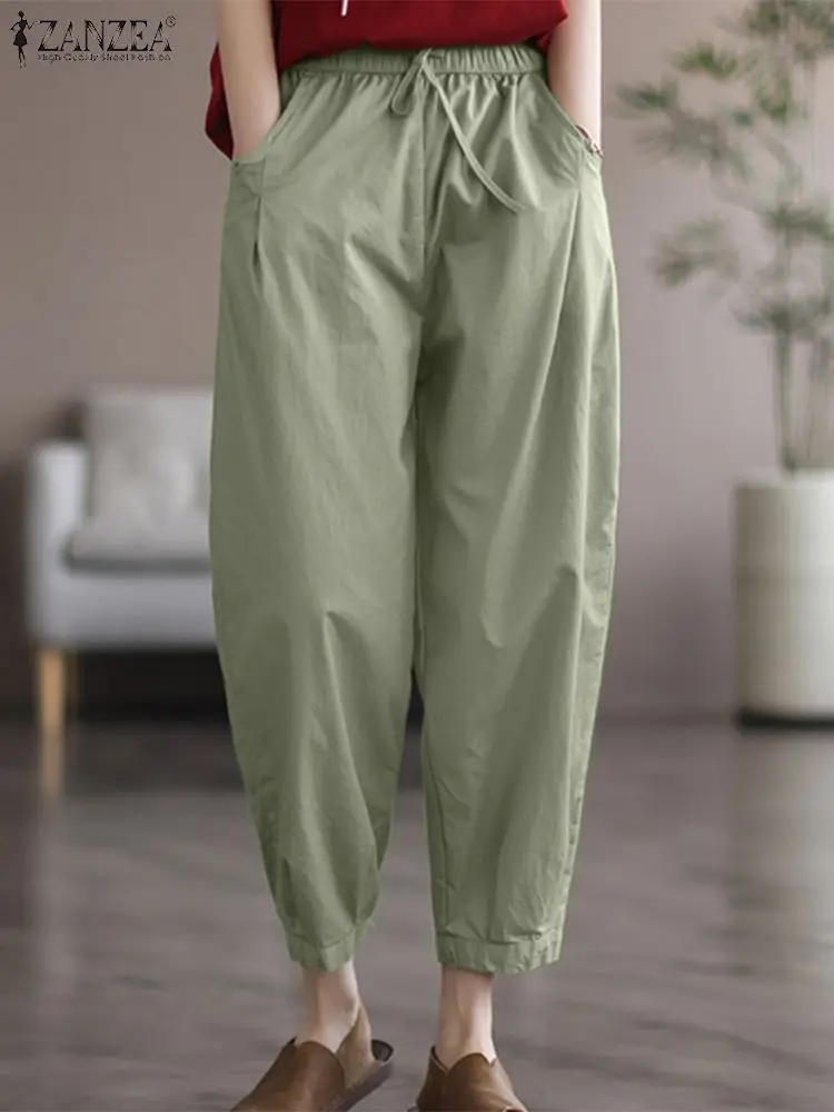 

ZANZEA Summer Trousers Women Solid Harem Pants Elastic Waist Casual Turnip Vintage Work Palazzo Oversize Female Long Pantalon