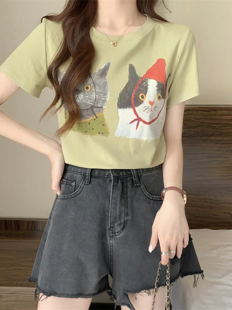 

Cotton Summer New Cat Short Sleeve Round Neck T-shirt for Women