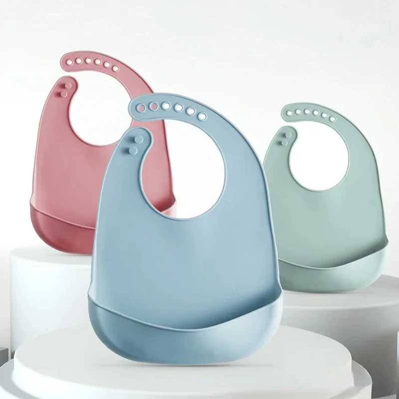 Imagen 3: 1-4 unidades de baberos ajustables e impermeables para bebés, de silicona suave apta para uso alimentario, toalla para la saliva de recién nacidos, paño para la baba de niños