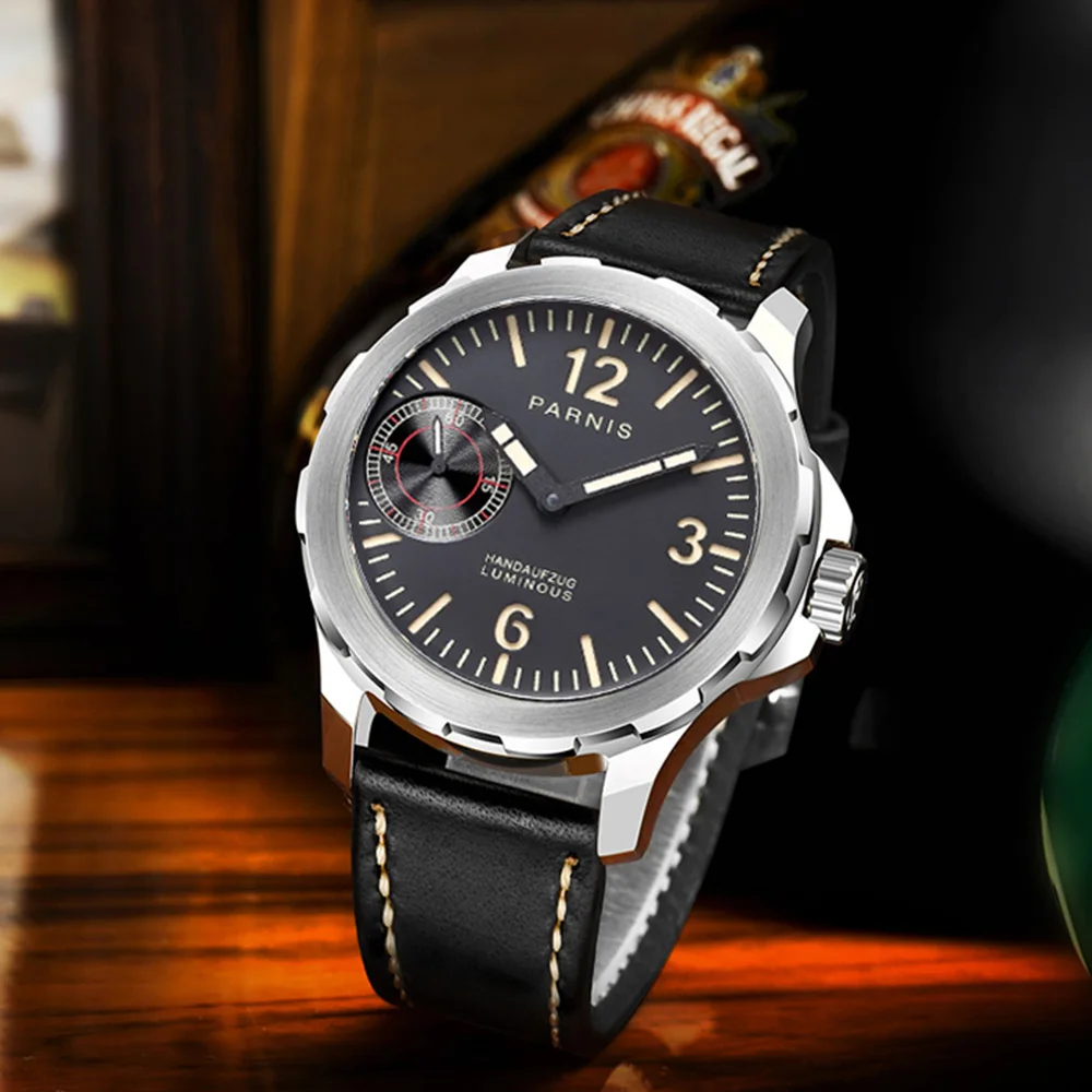 Мужские повседневные часы Parnis с сапфировым стеклом и ручным заводом, 44 мм, маленький секундный циферблат