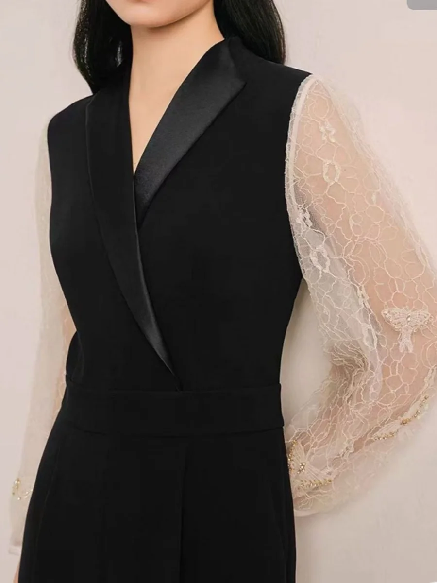 กางเกงขายาวทรงเอวสูงผ้าบางประดับเพชรแบบติดกาว รุ่นใหม่สำหรับผู้หญิง ฤดูใบไม้ผลิและฤดูใบไม้ร่วง คอเสื้อแบบสูท ผ้าอะซิเตท