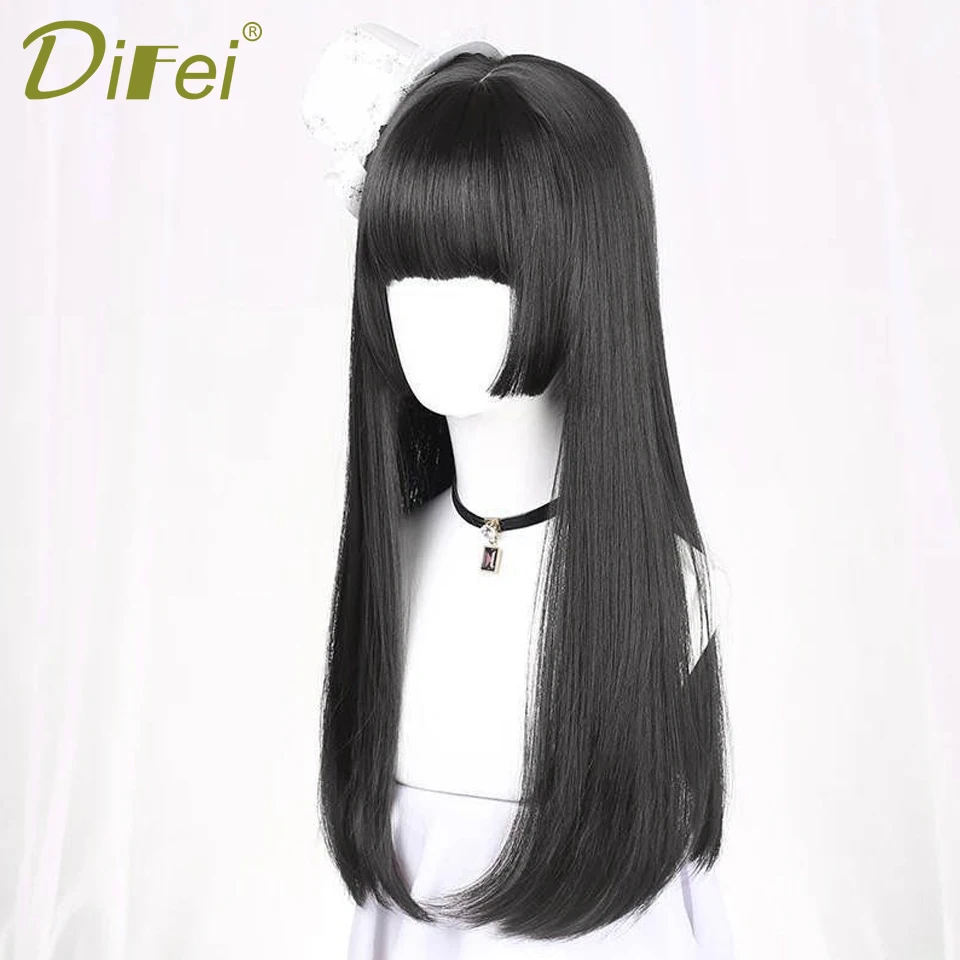 Natural Long Straight Synthetic Black Wig With Bangs Lolita Cosplay Hair Wigs For Women Heat Resistant Fiber Daily Party Wig Fem