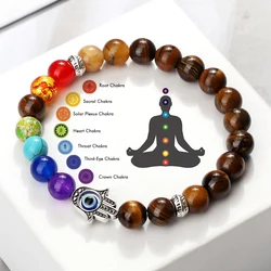 7 Chakra Bracelets Men Natural Tiger Eye Stone Lava Onyx Agates Beads Bracelet Turkish Evil Eye Hand Of Fatima Jewelry Bangles