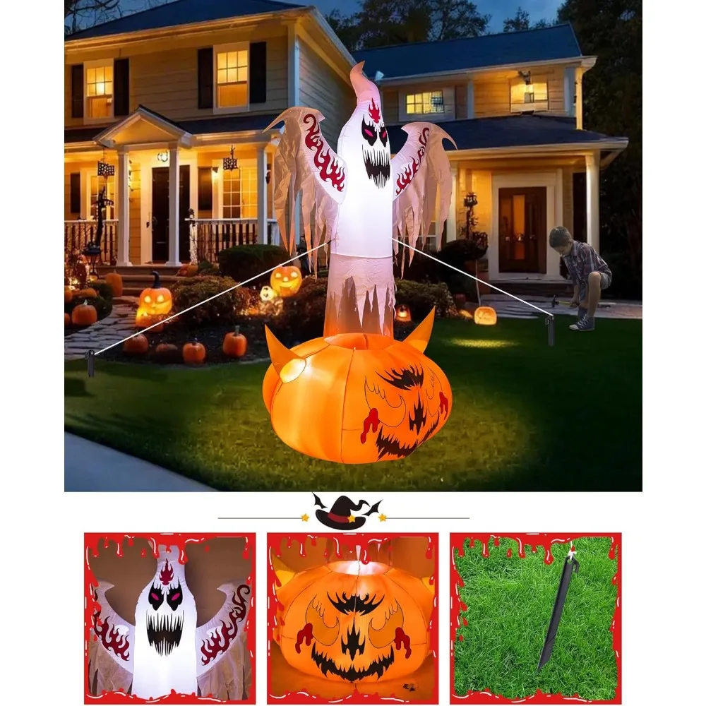 Halloween Decoration, Halloween Inflatable Ghost Ride Pumpkin Outdoor Decorations with Built-in LED Lights, Halloween Decoration