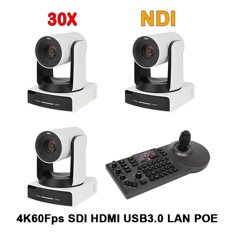 1-3PCS HDMI USB SDI IP POE PTZ NDI Camera 30X Optical Zoom 60fps 4K AI Auto Tracking & 1pcs NDI PTZ Controller for Church