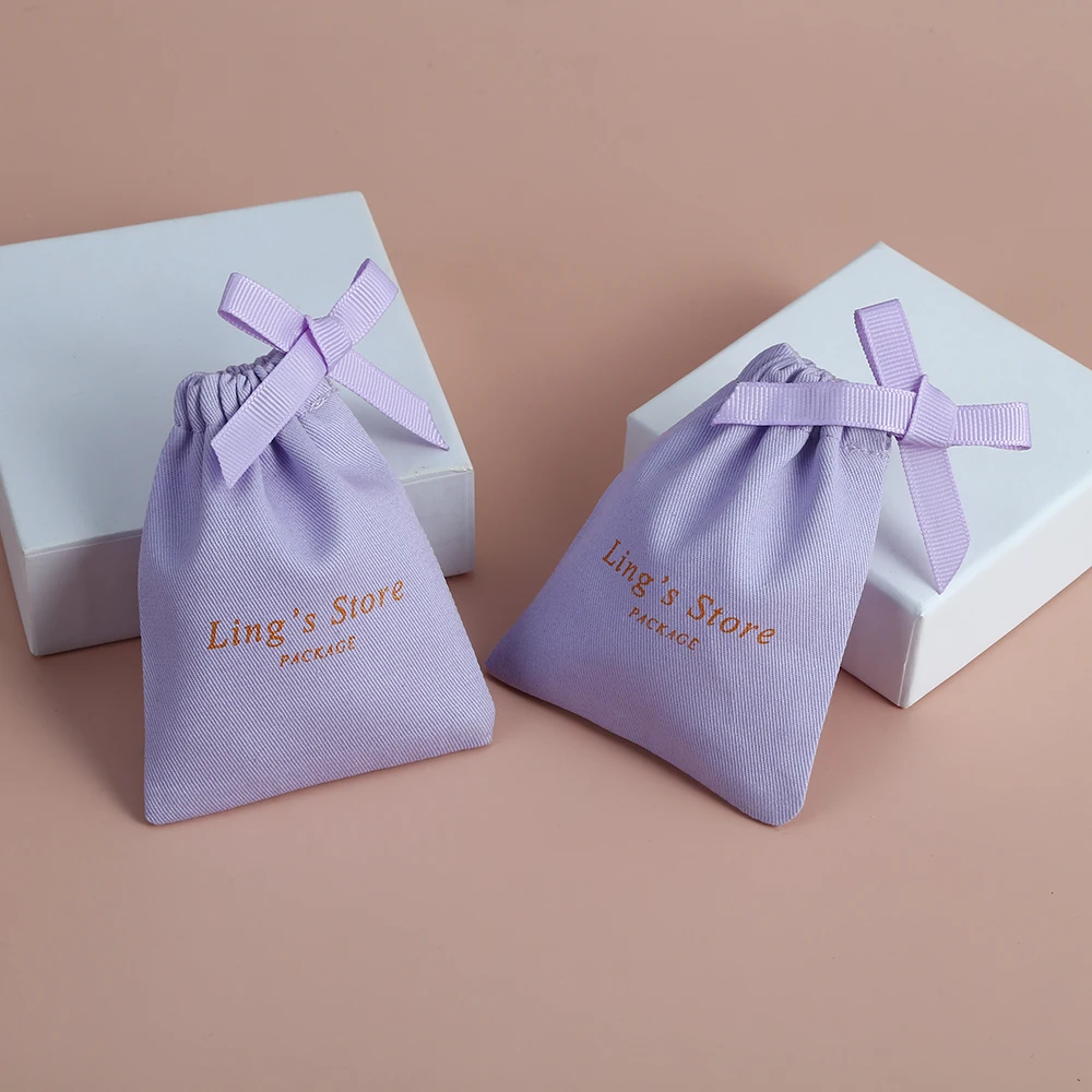 

100Pcs Personalized Logo Name Purple Cotton Canvas Jewelry Ring Display Packaging Drawstring Gift Bags Wedding Favors Candy Bag