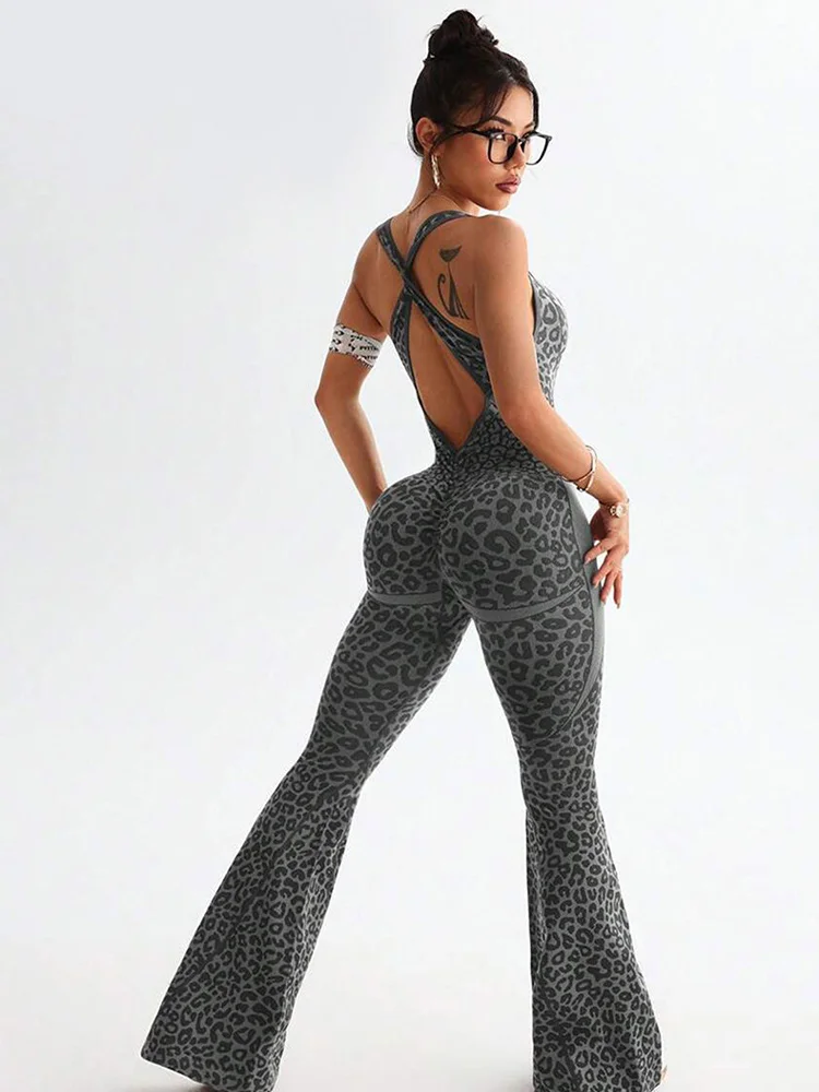 Leopard print cross back sports jumpsuit with cross shoulder straps, high waisted flared pants, yoga and fitness jumpsuit