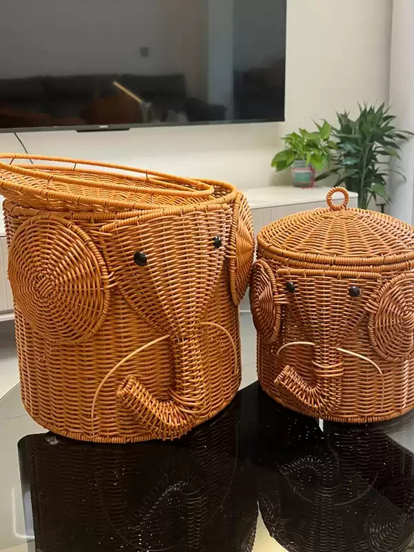 

Большая и маленькая плетеная корзина из искусственного ротанга со слоном, милая с крышкой, креативный домашний органайзер ручной работы для хранения, корзина с фруктами