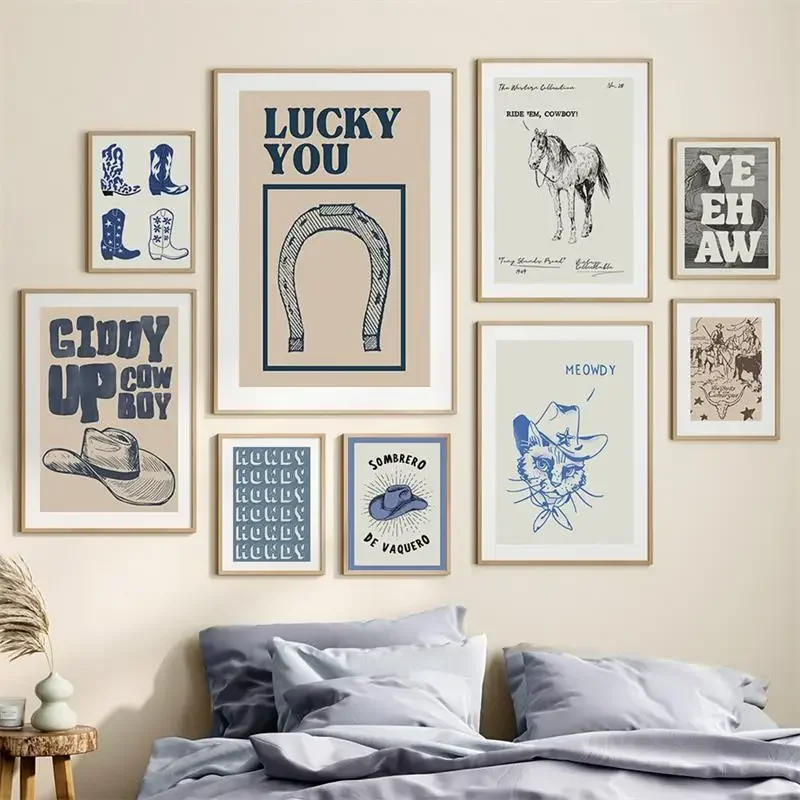 

Vintage Cowboy Cat Cowgirl Lucky Wild West Art Gallery Wall Set Print Poster Canvas Painting Pictures for Living Room Home Decor