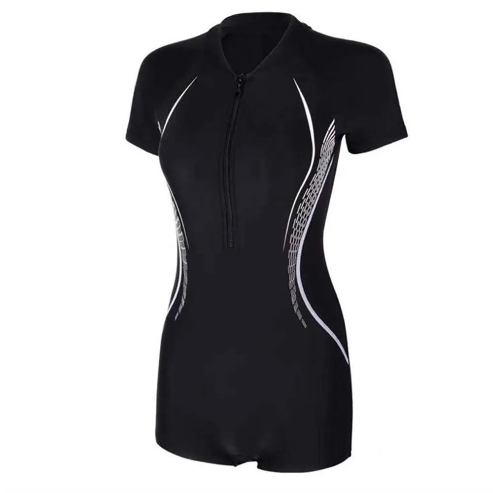 Fashion Black One Piece Sports Swimwear Short Sleeve Zipper Sports Swimsuit Beach Swimwear for Women Quick-Drying Bathing Suits
