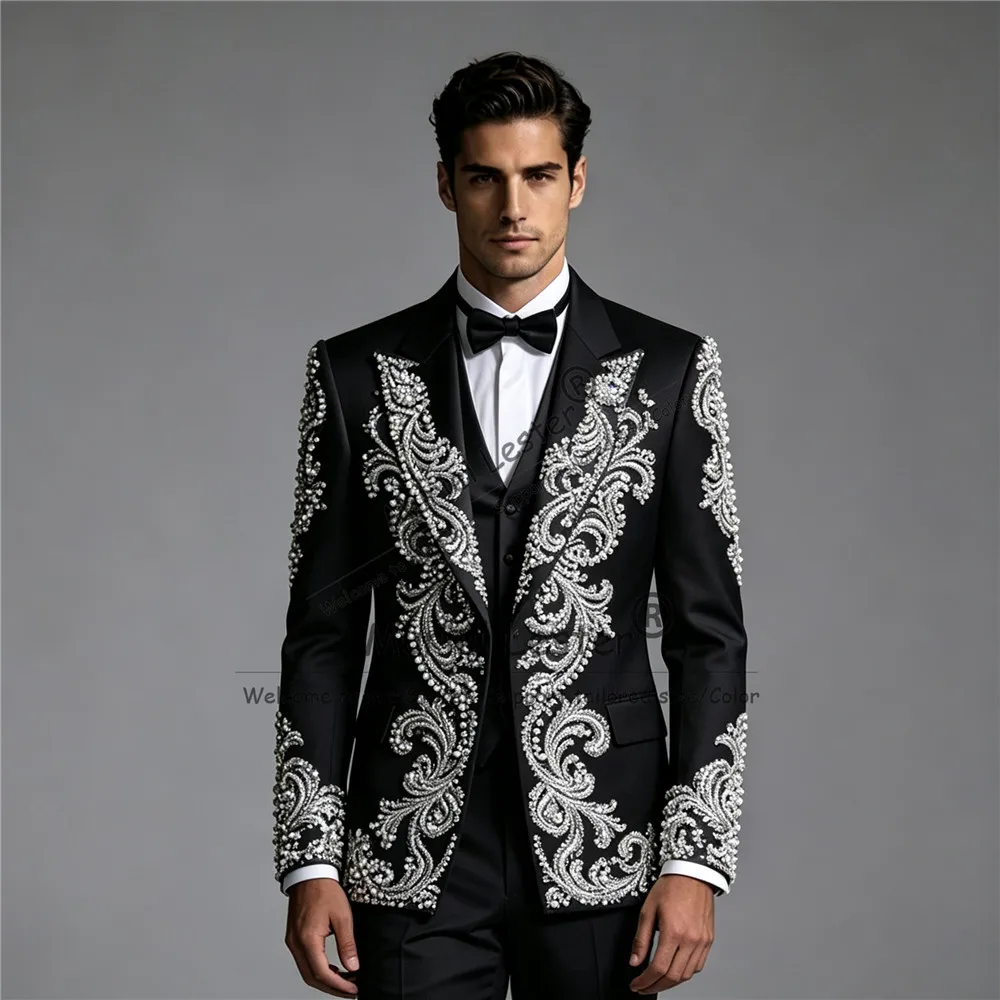 Customized Groom Suits For Wedding Luxury Sparkly Stones Sequins Prom Blazer Waistcoat Trousers 3 Piece Sets Man Banquet Tuxedo