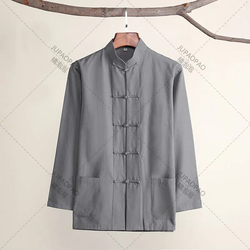 Cotton Traditional Chinese Tang Suit Top Clothes Men Long Sleeve Kung Fu Tai Chi Uniform Spring Autumn Shirt Blouse Coat