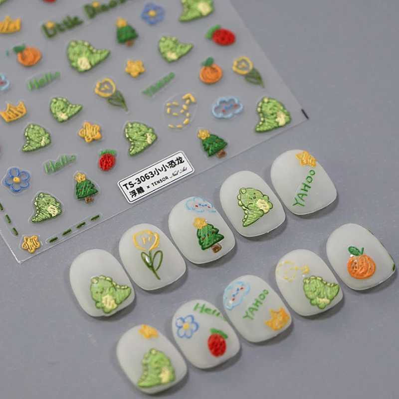 Cute Little Dinosaur Flower Fruit 5D Soft Embossed Reliefs Self Adhesive Nail Art Stickers Cartoon 3D Manicure Decals Wholesale