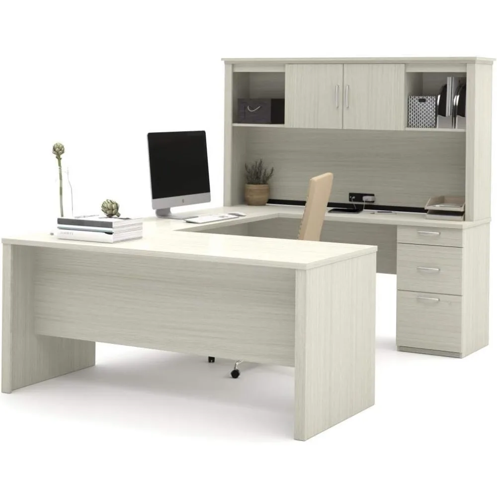 66W L-Shaped Executive Office Desk with Pedestal and Hutch，Desk with 3 Storage Cabinets， Executive Office Desk