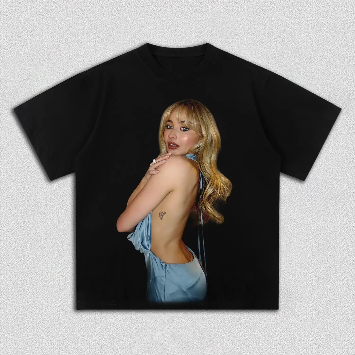Camiseta Gráfica Sabrina Carpenter Azul Sem Costas para Homens e Mulheres, Merchandise da Tour Short N' Sweet da Estrela Pop, Camiseta Oversized de Al