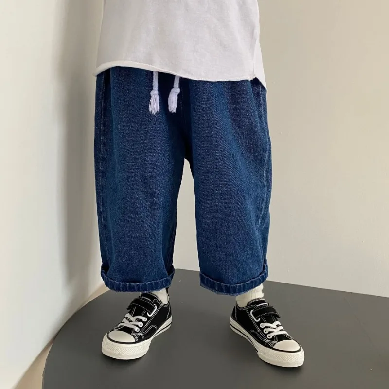 

Korean Style Kids Pants 2025 Autumn Boys Solid Color Loose Jeans Girls Casual Wide Leg Pants