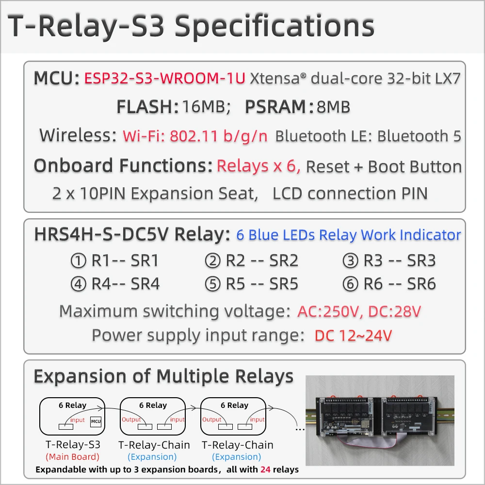 LILYGO T-RelayS3 6-полосная плата для разработки реле ESP32-S3-1U беспроводной модуль WiFi Bluetooth расширяемый ЖК-дисплей