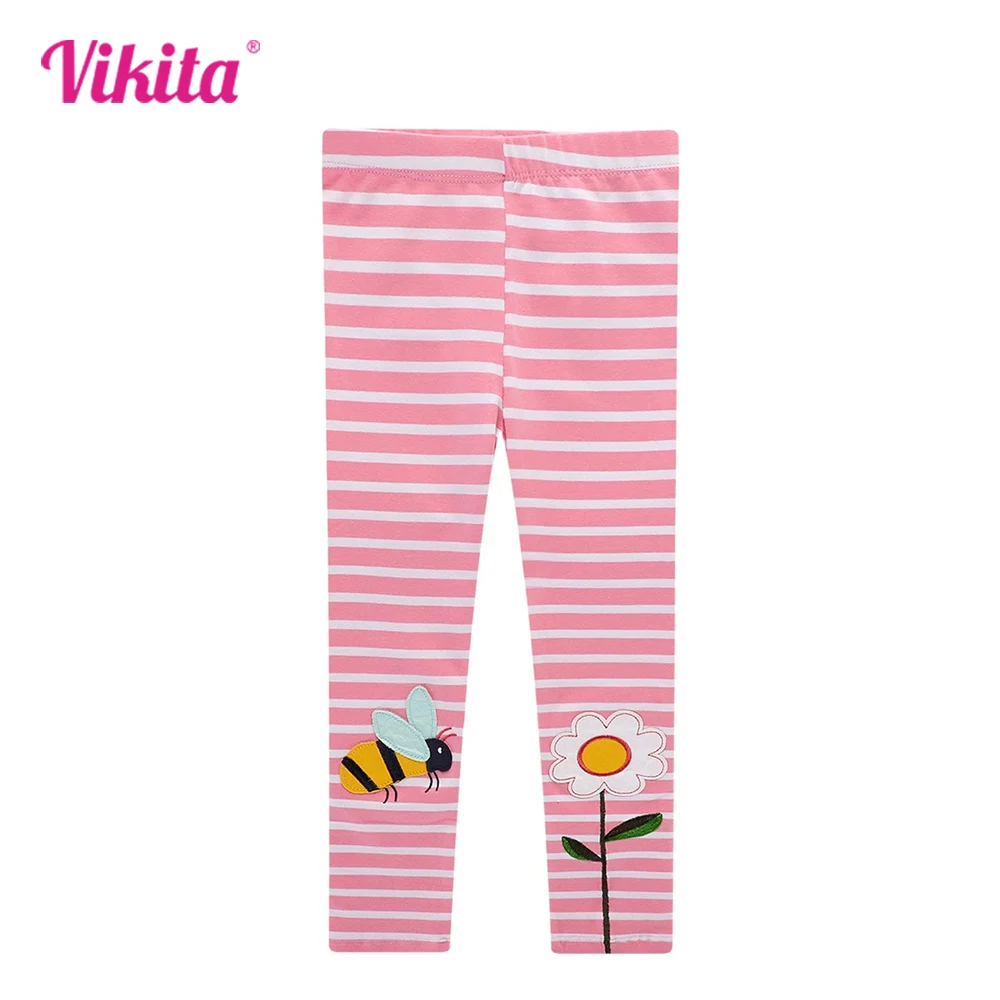 

VIKITA 2025 New Kids Striped Leggings Girls Flower Bee Appliqued Pencil Pants Trousers Girls Pink Cotton Casual Bottoms Wear