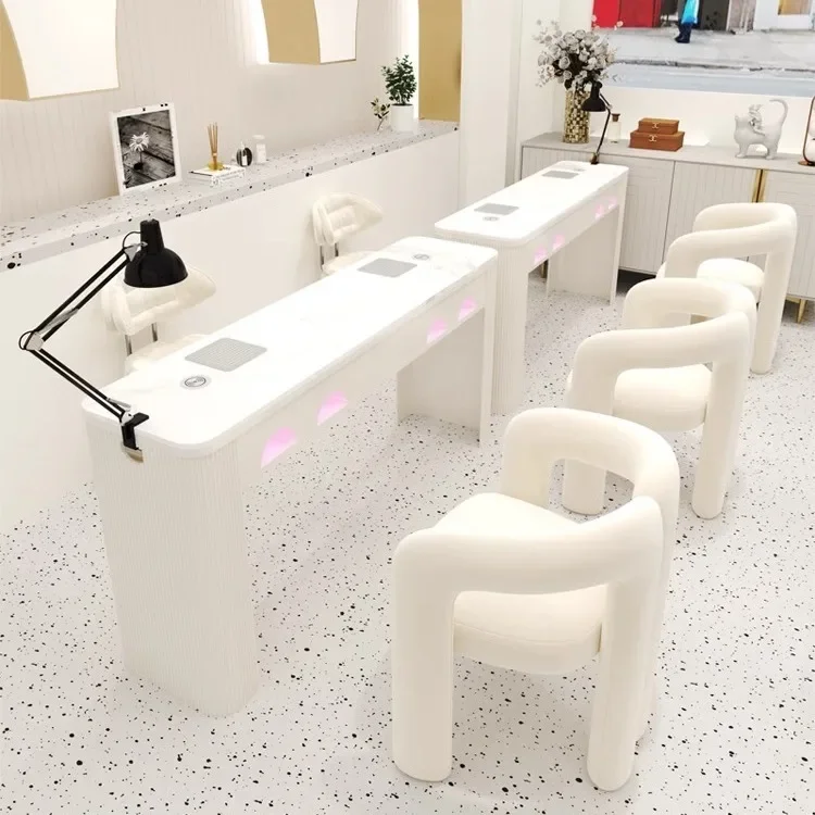 Foshan Full White Double Seater Metal Manicure Table Modern Luxury Prosthetic Nail Tables with Lamp and Dust Collector
