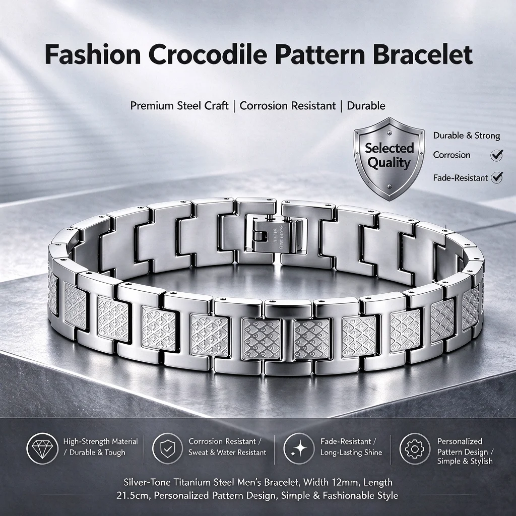 Sleek Crocodile Texture Stainless Steel Bracelet for Him Waterproof Durable Modern Design Perfect Gift Wristband