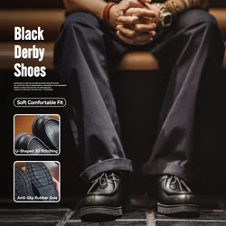 Maden Men's Vintage Black Derby Shoes Split Leather Lace-Up Loafers Round Toe British Office Low-top Dress Shoes for Business