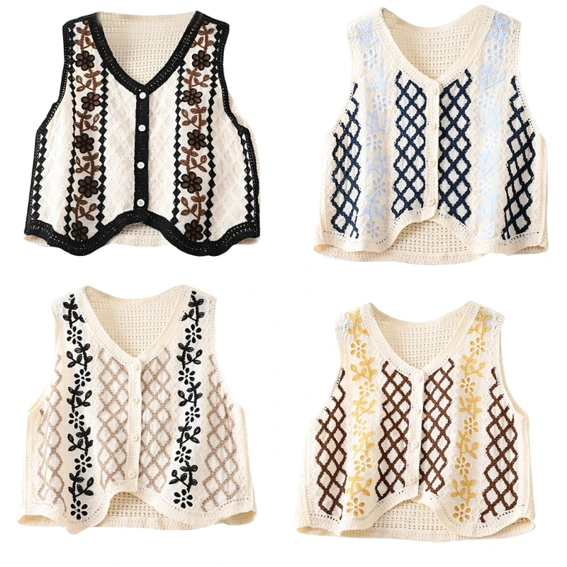 Women Vintage Crochet Knit Sleeveless Cardigan Button Up Embroidery  Plaid Floral Sweater Vest Crop Top Waistcoat