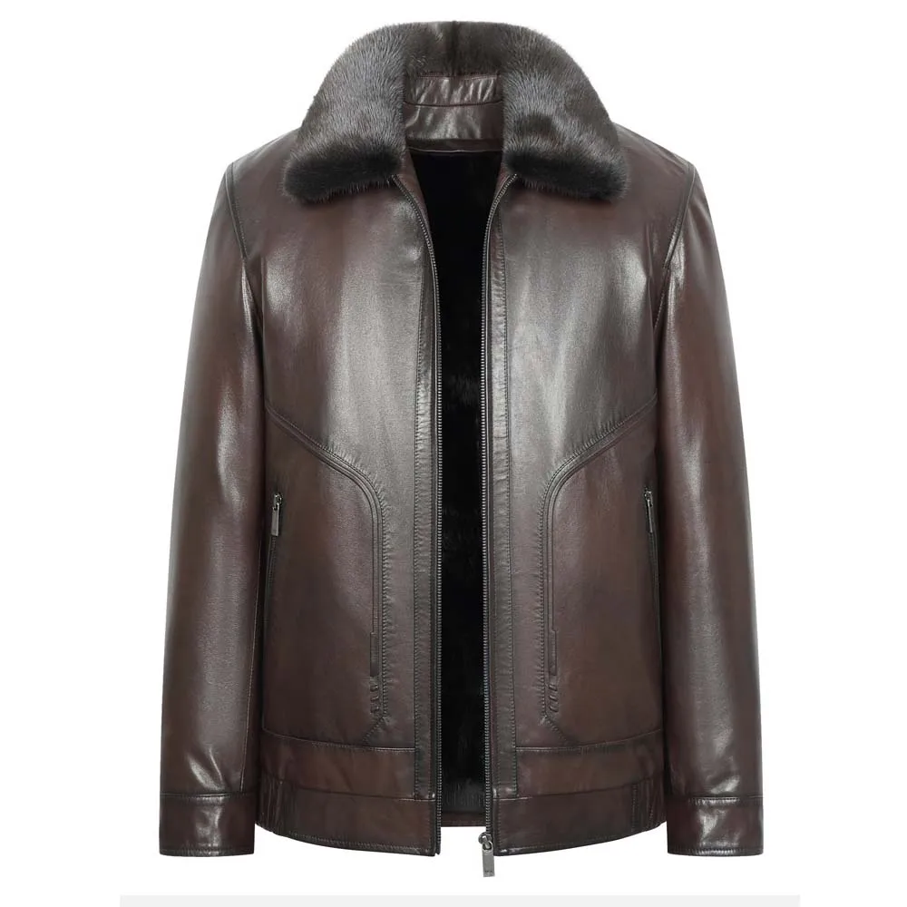 

piyutong Men Goat Leather Jacket with Detachable men Fur Lining and Flap Collar, Winter Fur-lined Leather Outerwear