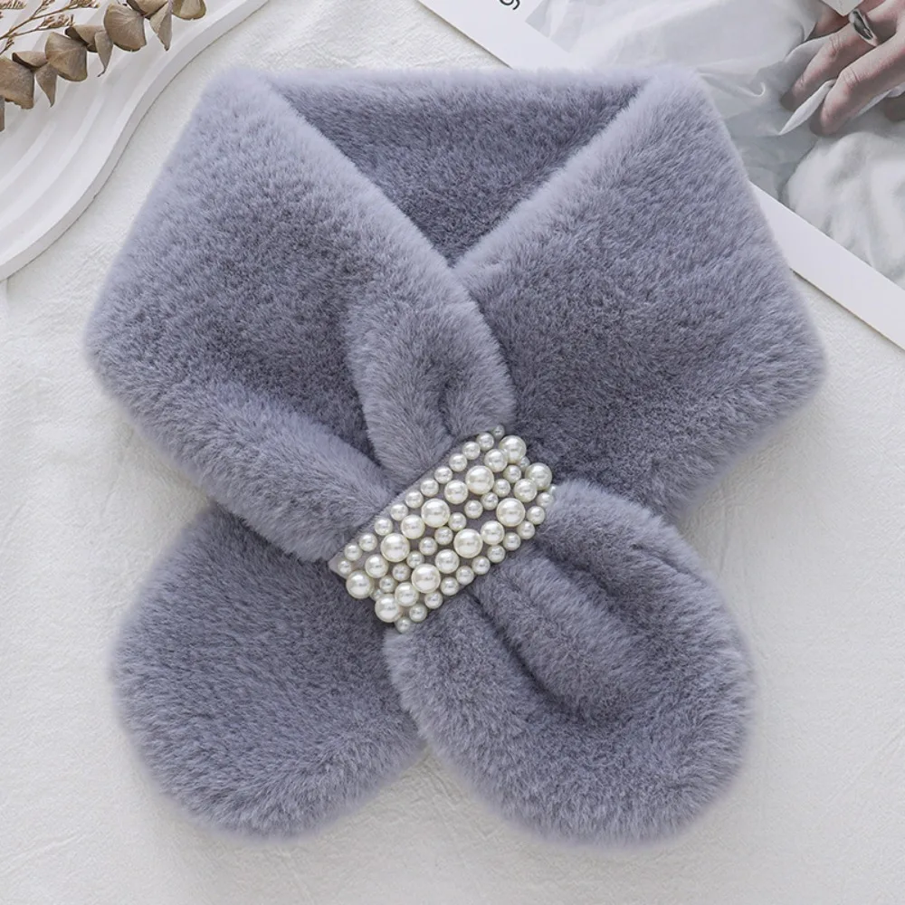 Luxury Thickened Pearl Plush Scarf Soft Cross Warm Winter Scarf Faux Rabbit Fur Korean Style Scarf Women Girls