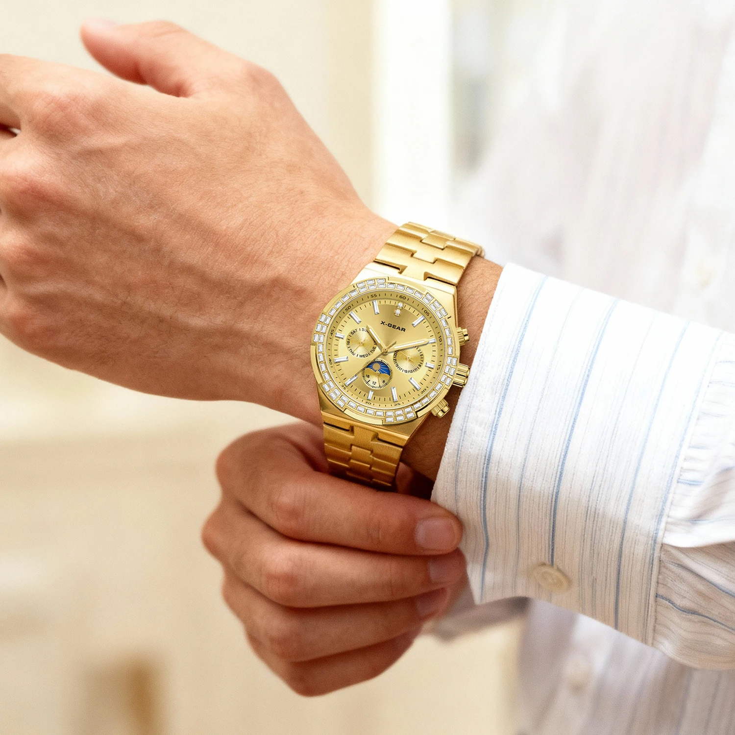 Relógio mecânico masculino X-GEAR, moda casual, relógio de pulso com pulseira de aço inoxidável dourado