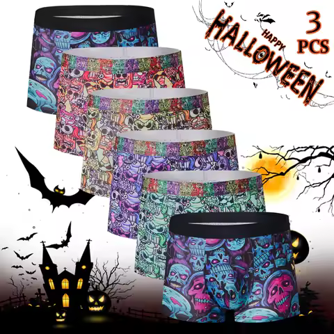 Men's Halloween Print Boxer Shorts Breathable Soft Cotton Elastic Waistband Funny Costume Party Pants for Christmas Gift