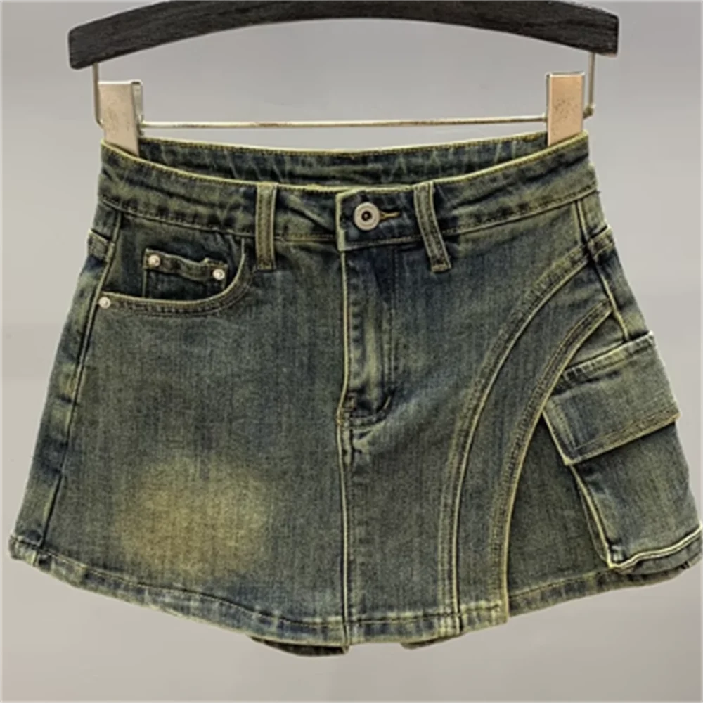 

Girls water-washed vintage denim skirt women high-waisted irregular elastic hip skirt