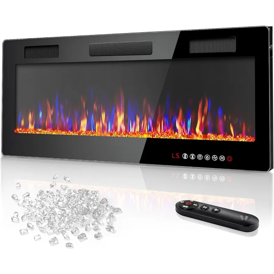 

50-дюймовый ультратонкий электрический камин с узкой рамкой для гостиной, спальни, черная рамка, линейный нагрев с дистанционным управлением и винтами
