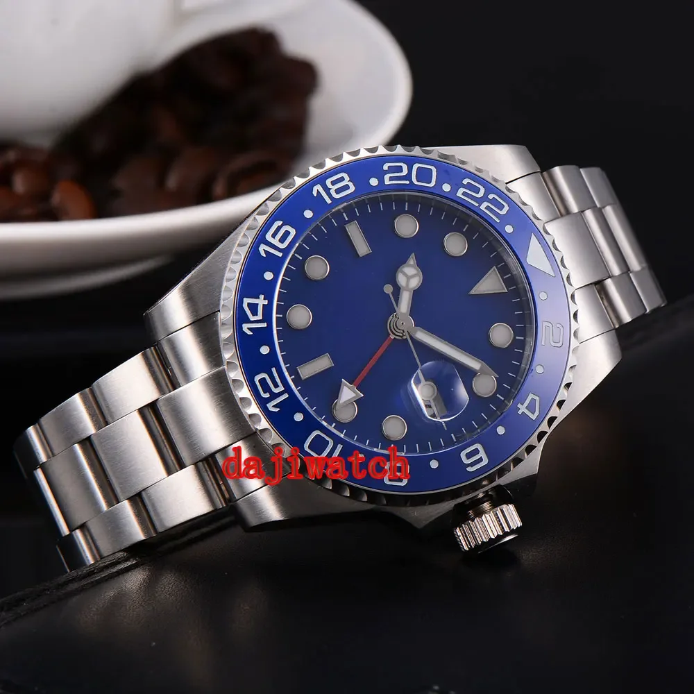 DEBERT 43mm GMT Automatic mechanical Men watch Sterile blue dial stainless steel case Sapphire glass date Luminous watch