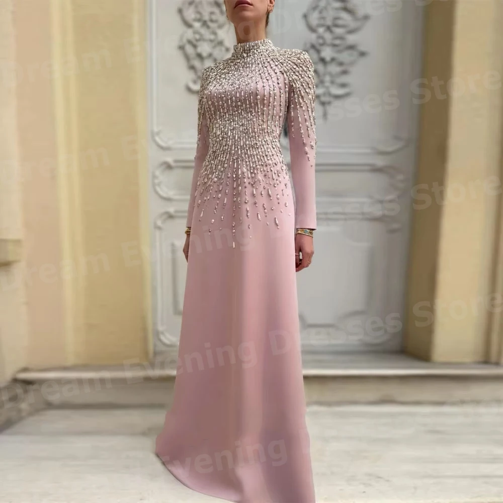 Exquisite A-Linien-Abendkleider für Damen, maßgeschneidert, mit hohem Kragen, langen Ärmeln und Perlen, Ballkleider, Partykleider, Vestidos Para Mujer Elegantes