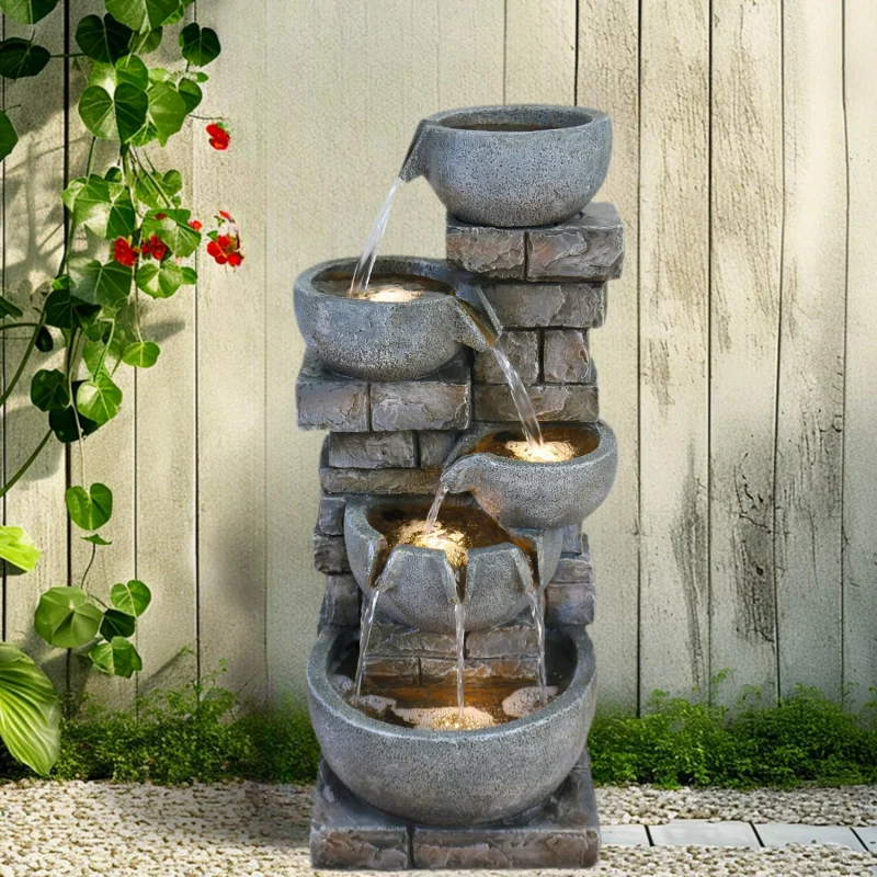 

1PC Freestanding 5-Tiers Cascading Bowls Garden Waterfall Fountain Outdoor Water Fountain With Led Lights Shipping from the USA