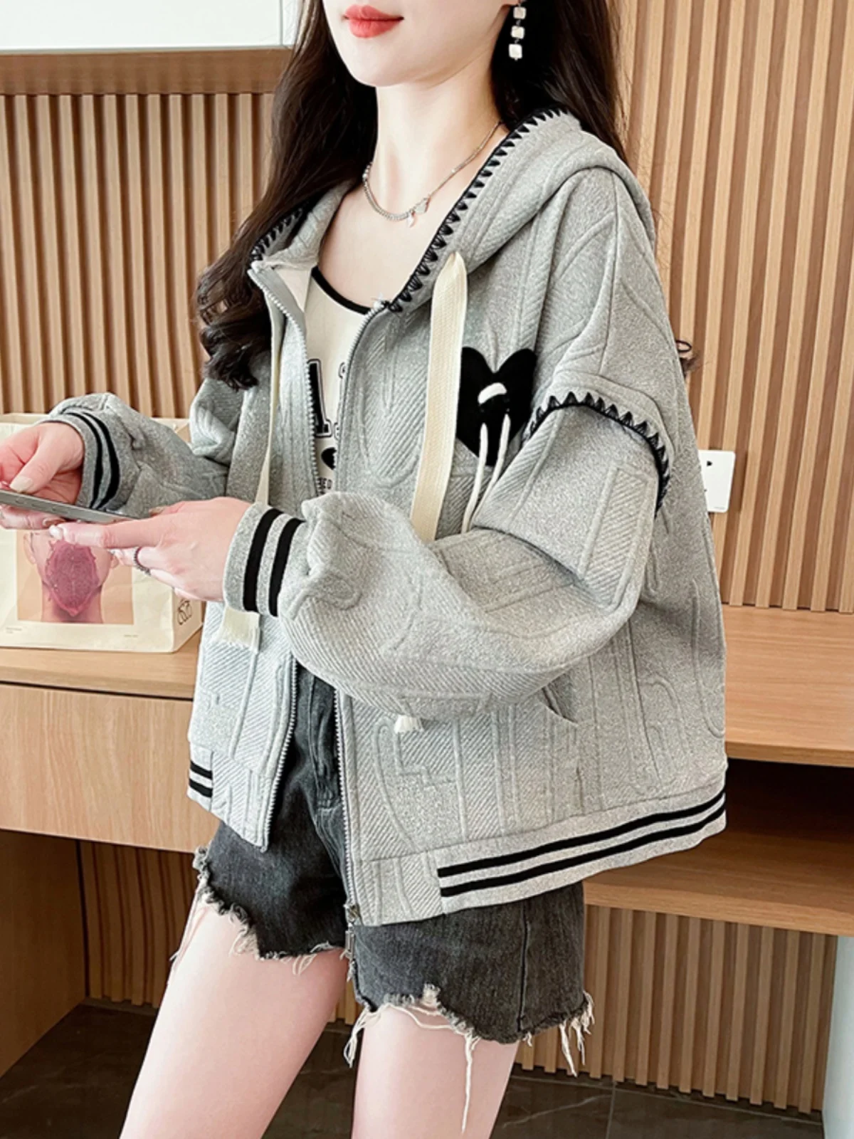 الحلو كلية نمط البيسبول موحدة سترة الفتيات أزياء ربيع الخريف خطوط فضفاضة القلب الرباط سترة هوديي معطف مقنع #4