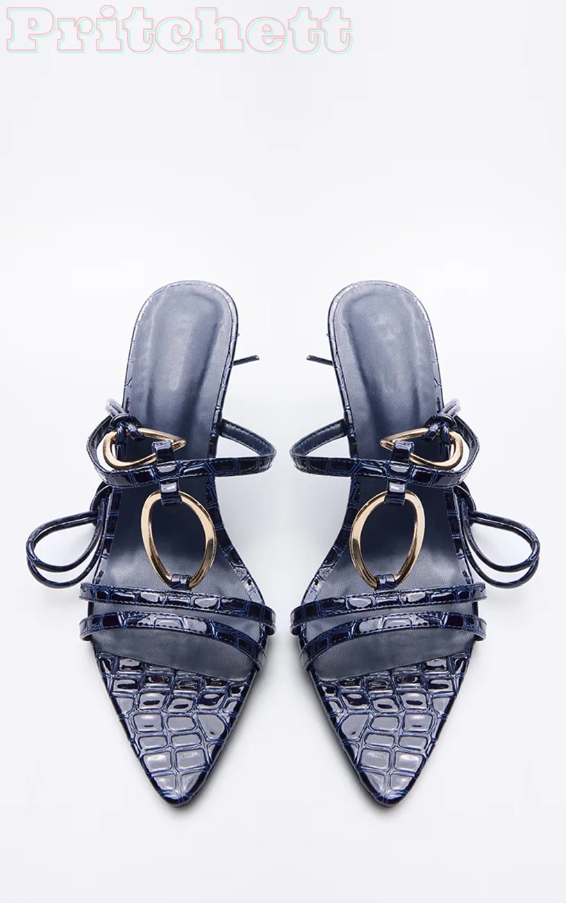 Gold Crocodile PU Point Toe Ring Detail Sandals Lace Up Heeled Ring Shapes Sandals Summer Women Shoes Luxury 2025 New Arrivals