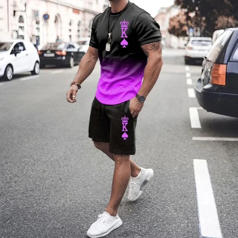 Summer Mens Casual Fashion Gradient Spade K Printed Crew Neck T-Shirt Shorts Outfit Cute Designer Clothing Men Streetwear