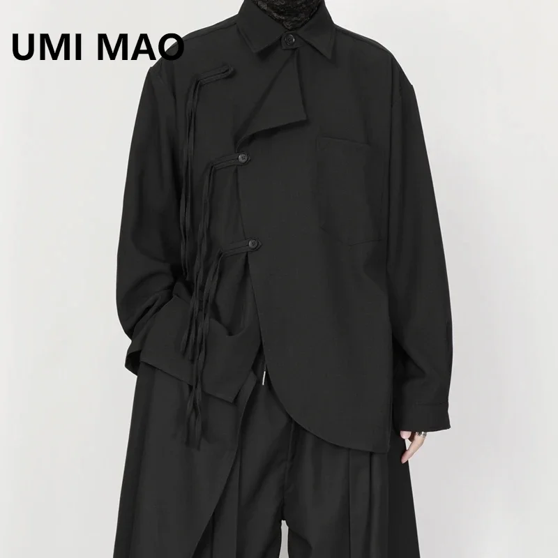 

UMI MAO 2024 Spring New Chinese Style Improved Asymmetric Front Design With Loose Button Long Sleeved Shirt Tea Dress