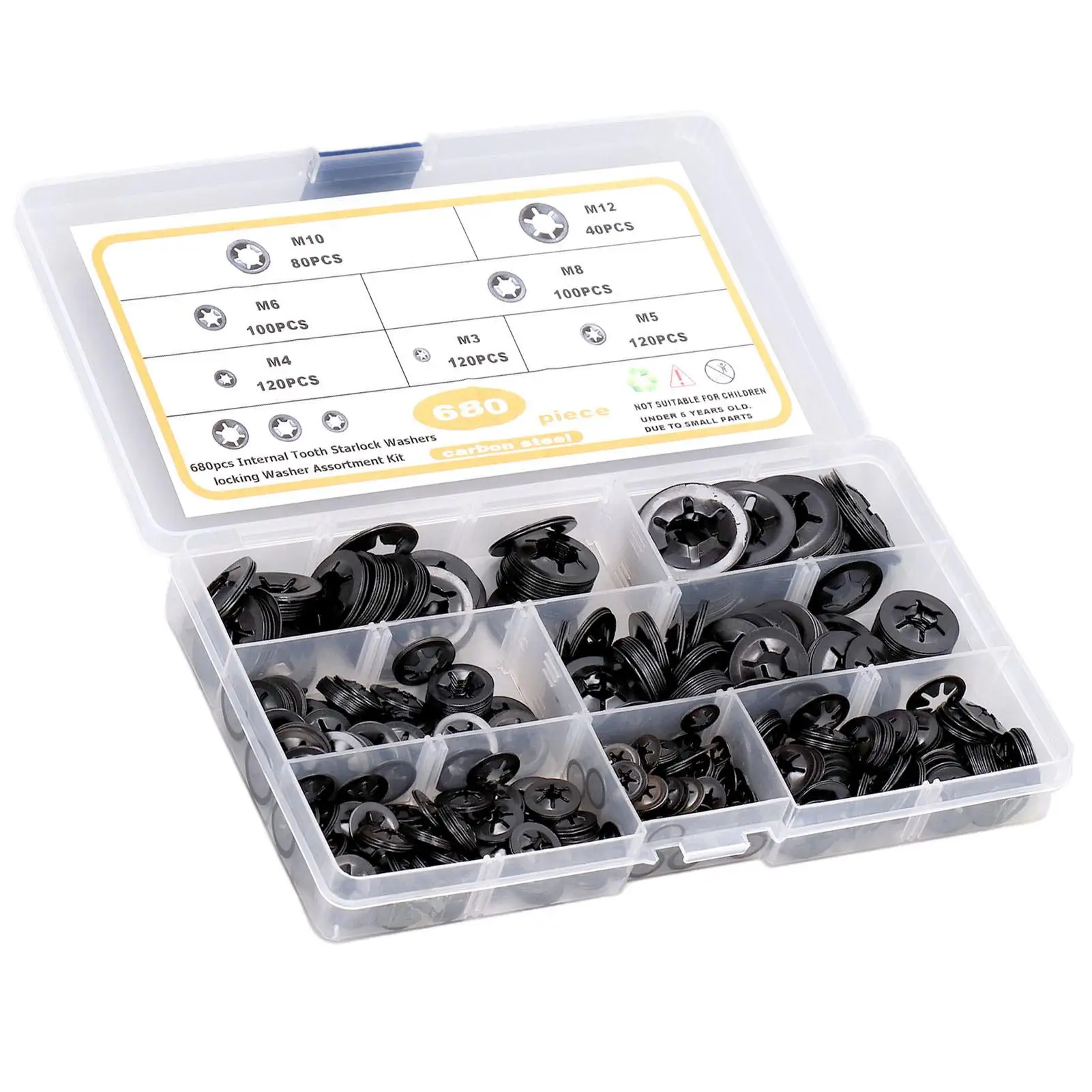 680 Pcs Starlock Washers Set - Flat Locking Internal Tooth Assortment Kit, Carbon Steel M3-M12, Ceramic Washers