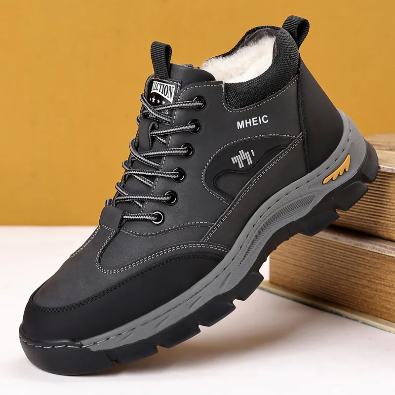 

Winter New Shoes for Men Leather Boots Outdoor Warm Plush Leather Casual Sport Climbing Shoes Fashion Short Snow Boots