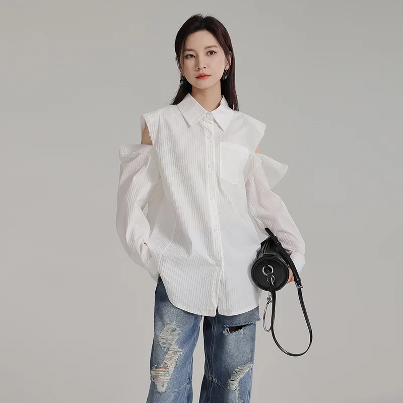 

Loose solid color silhouette shirt lazy style 2024 new lapel casual French shoulder cut top