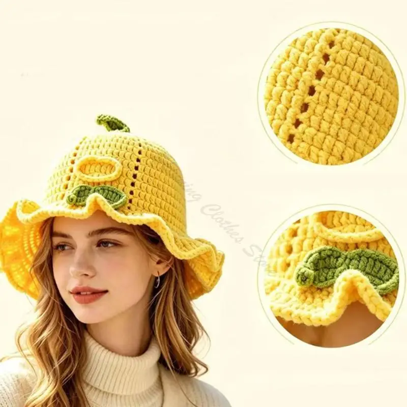 M68A Crochet Floppy Hat for Women Yellow Lemon Bucket with Soft Flexible Design, Ruffle Trim Fisherman Hat for Casual Wear and